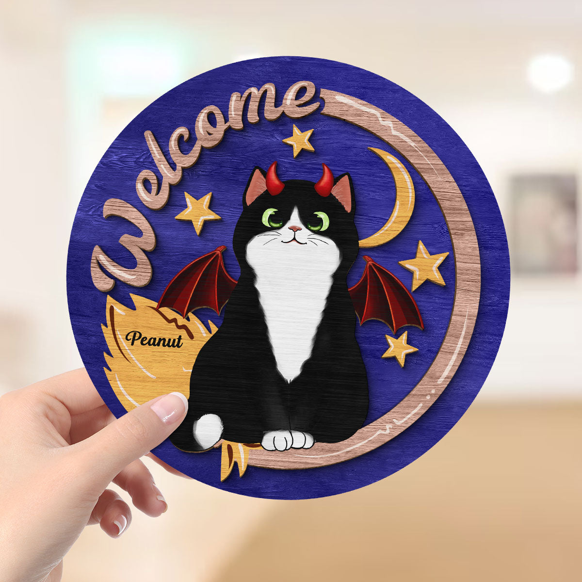 Welcome Halloween Cat Personalized 2-Layer Wooden Plaque, Gift For Cat Lovers