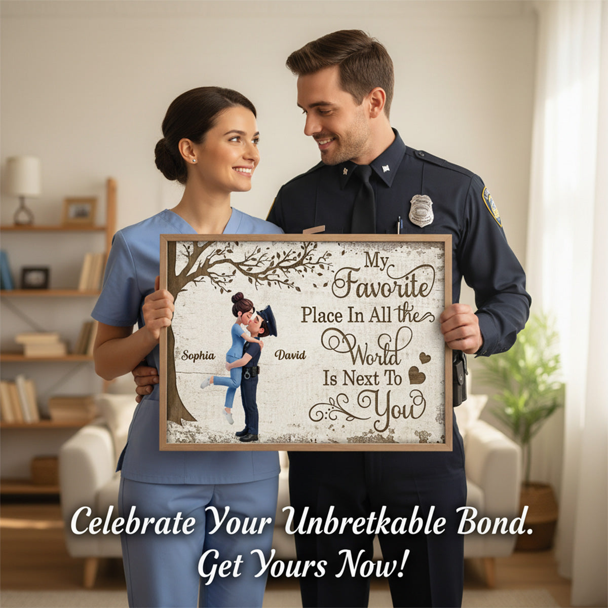 Eternal Love Proud Hero Couple Hugging Kissing Under Tree - Personalized Poster - Valentine's Day Gift For Couple, For Him, For Her, Nurse, Police, Firefighter, Army