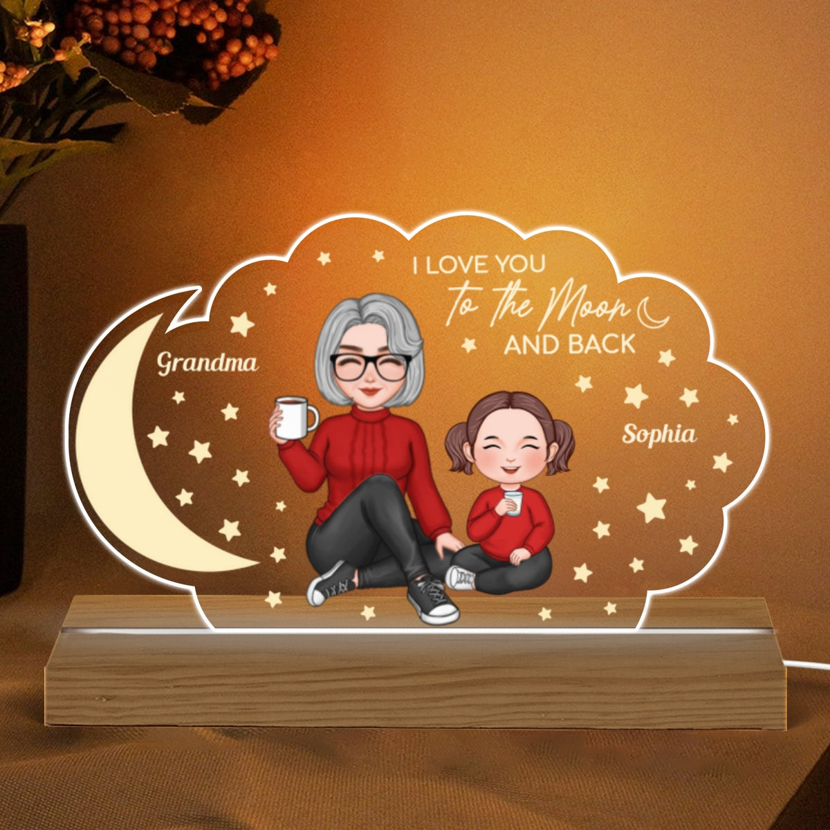 Grandma Grandkid Sitting Love You To The Moon And Back Gift For Granddaughter Grandson Personalized Custom Shape Acrylic Plaque LED Night Light