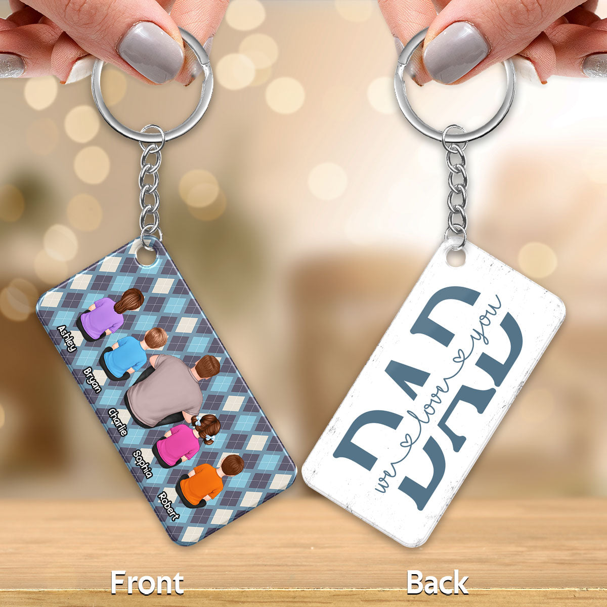 Dad And Kids Dogs Cats Back View Argyle Pattern Personalized Acrylic Keychain