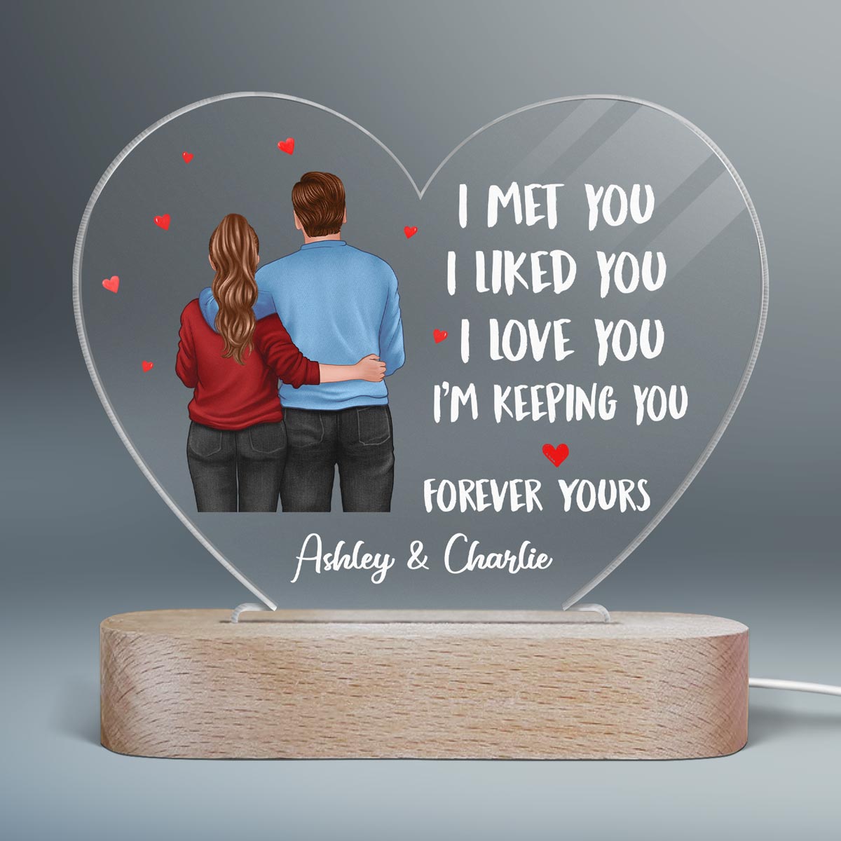 Back View Couple Standing I Met You Like You Love You Gift For Him For Her Personalized Acrylic Heart Plaque LED Lamp Night Light