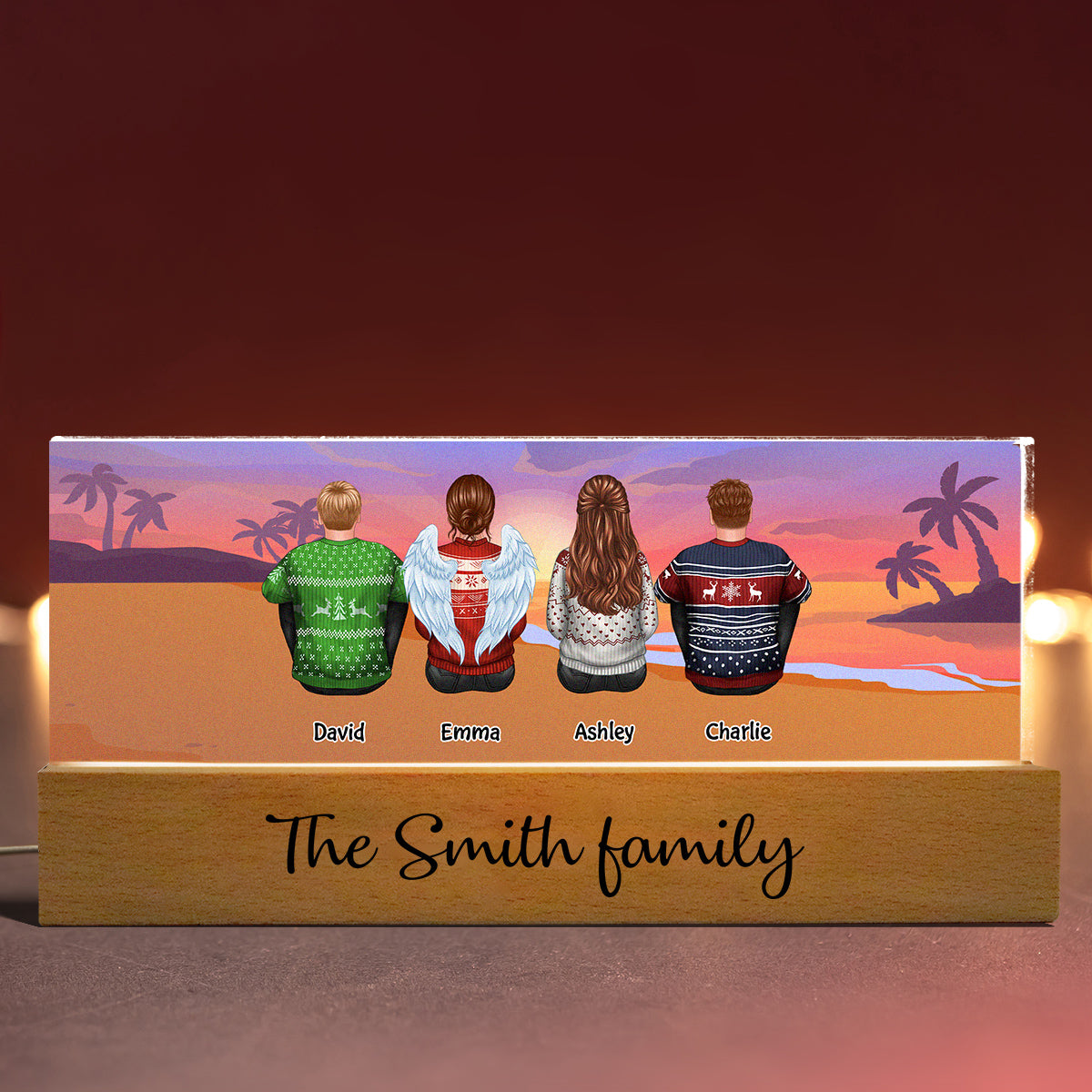Family Sitting Back View Beach Retro Vintage Background Personaized Acrylic LED Night Light