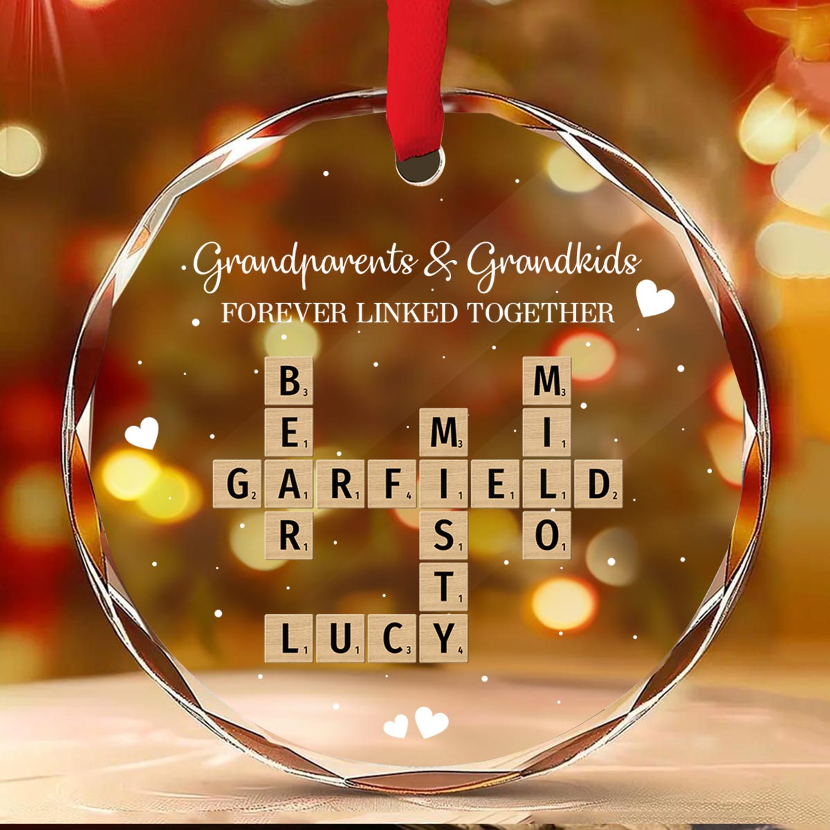 Grandpa Grandma Grandparents And Grandkids Forever Linked Together Crossword Puzzle Art Personalized Glass Ornament