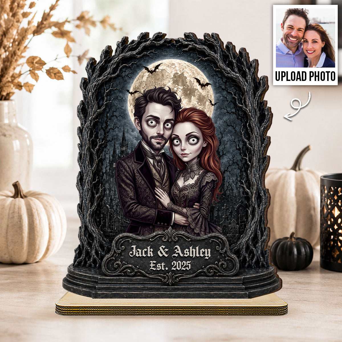 Halloween Custom Photo Illustration Gothic Couple - Personalized 2-Layered Wooden Plaque - Halloween Gift For Couple