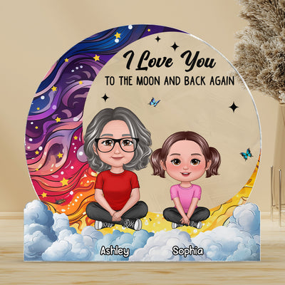 Love You To The Moon Grandma & Grandkids Sitting Crossed Legs Personalized Acrylic Block Plaque