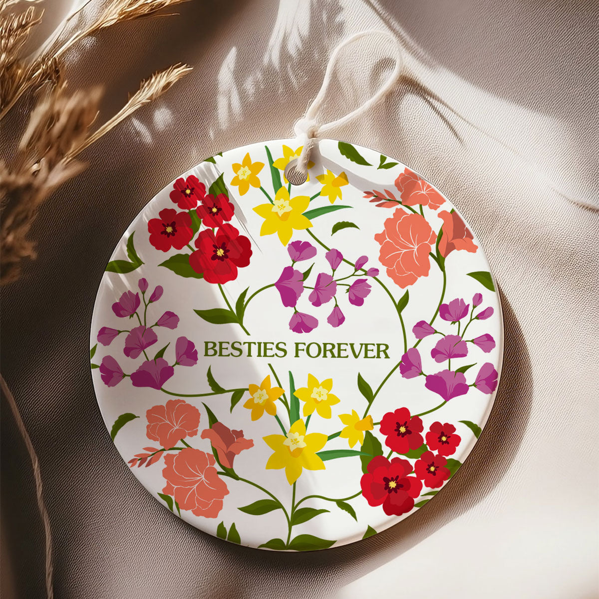 Custom Sisters Besties Birth Flower Bouquet Artwork Minimalist Personalized Circle Ceramic Ornament