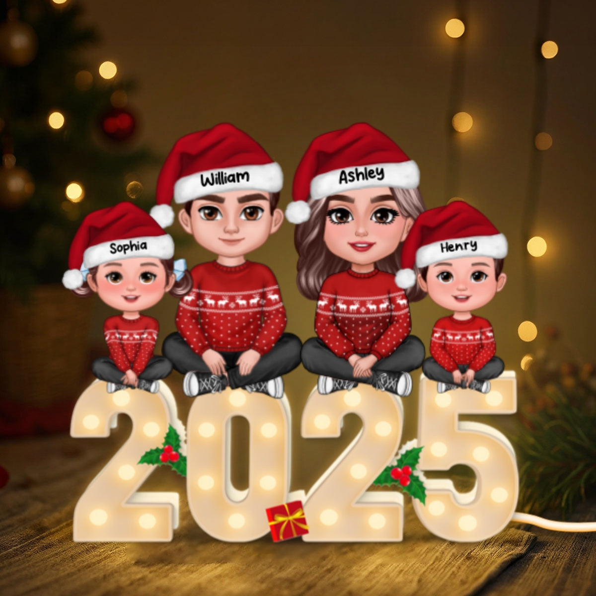 Family Sitting On Marquee Effect Letter Personalized LED Light Box, Christmas Decor For Family
