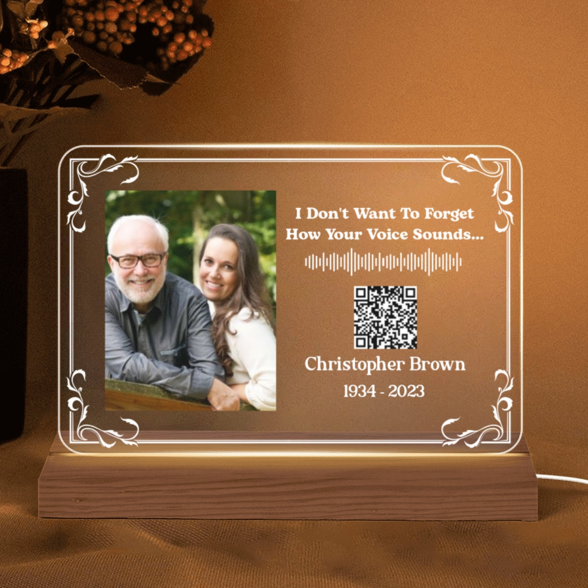 Custom Photo And Message Voice Scannable QR Code Memorial Personalized Horizontal Rectangle Acrylic Plaque With LED Night Light