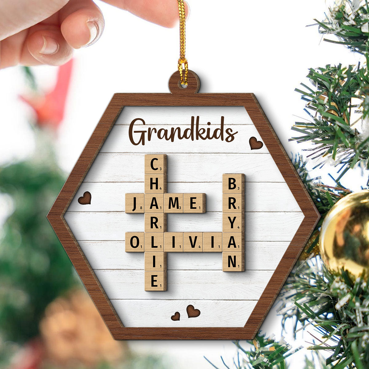 Grandkids Crossword Puzzle Art Personalized Hexagon Shaped 2-Layer Wooden Ornament, Christmas Gift For Grandma, Gift For Mom