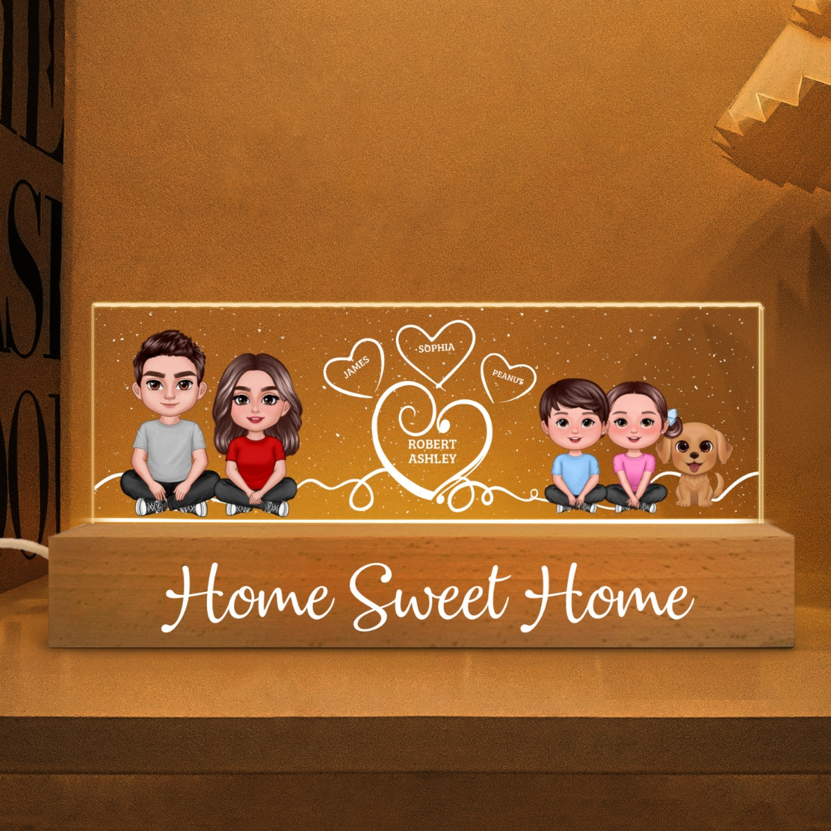Home Sweet Home Cute Family Sitting Crossed Legs Personalized Acrylic Block LED Night Light,  Gift For Her, Gift For Him