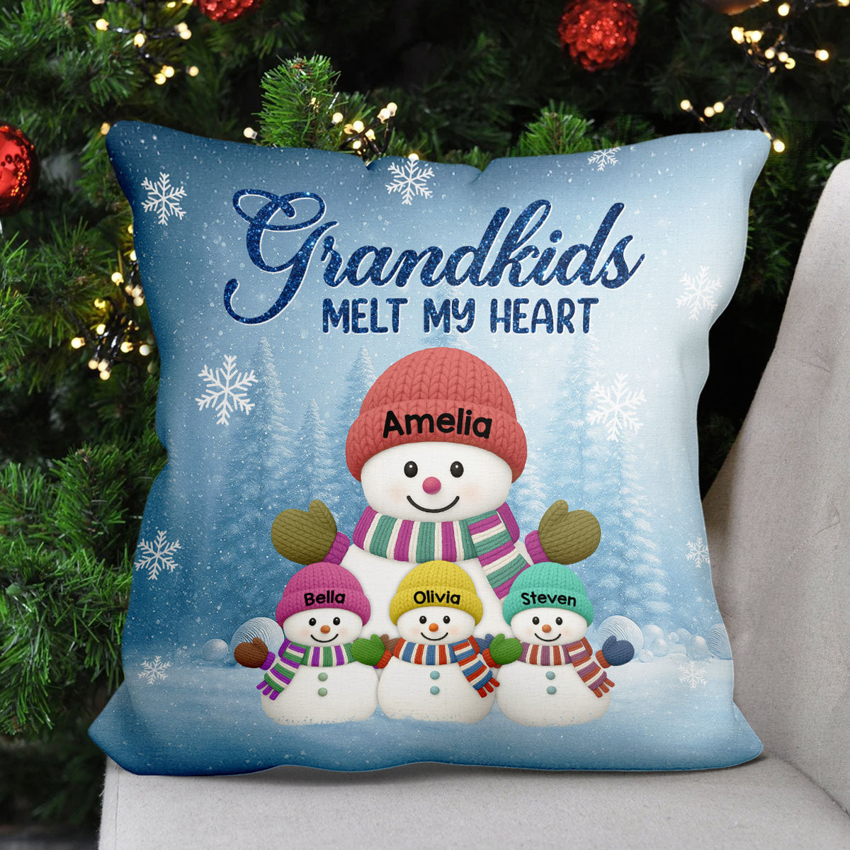 Christmas Snowman My Grandkids Melt My Heart - Personalized Pillow - Gift For Grandmas
