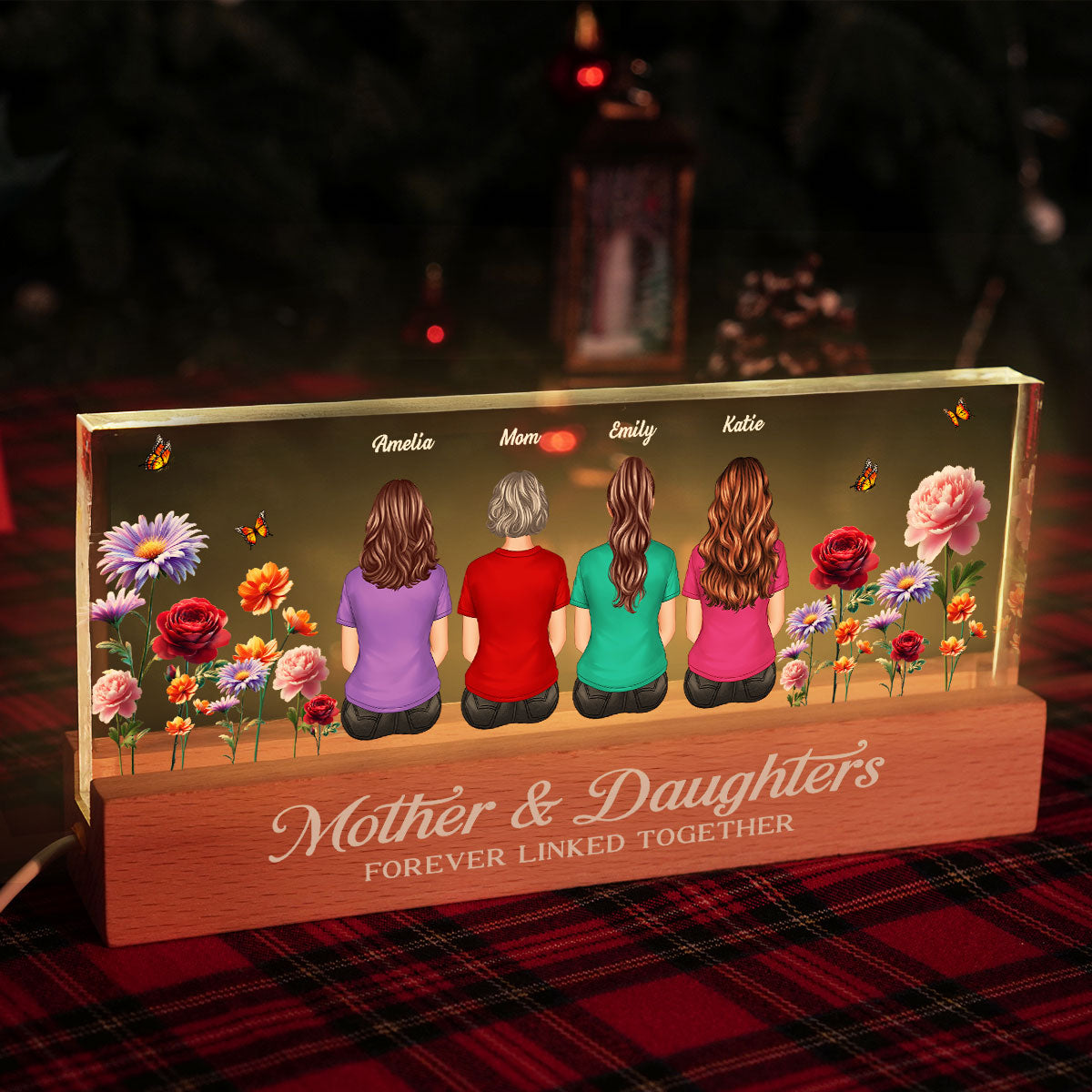 Mother & Daughters Sons Forever Linked Together 3D Effect Birth Month Flowers Personalized Acrylic Block LED Night Light