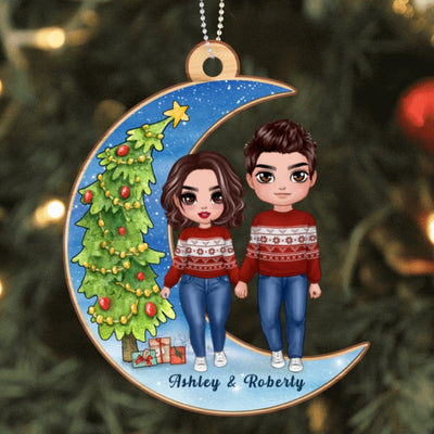 Standing Couple On Snow Moon Personalized Wooden Ornament
