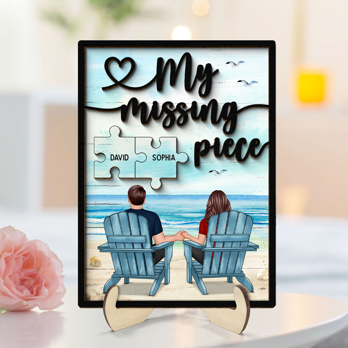 My Missing Piece Back View Couple Beach Landscape Valentine‘s Day Gift For Him For Her Personalized 2-Layer Wooden Plaque
