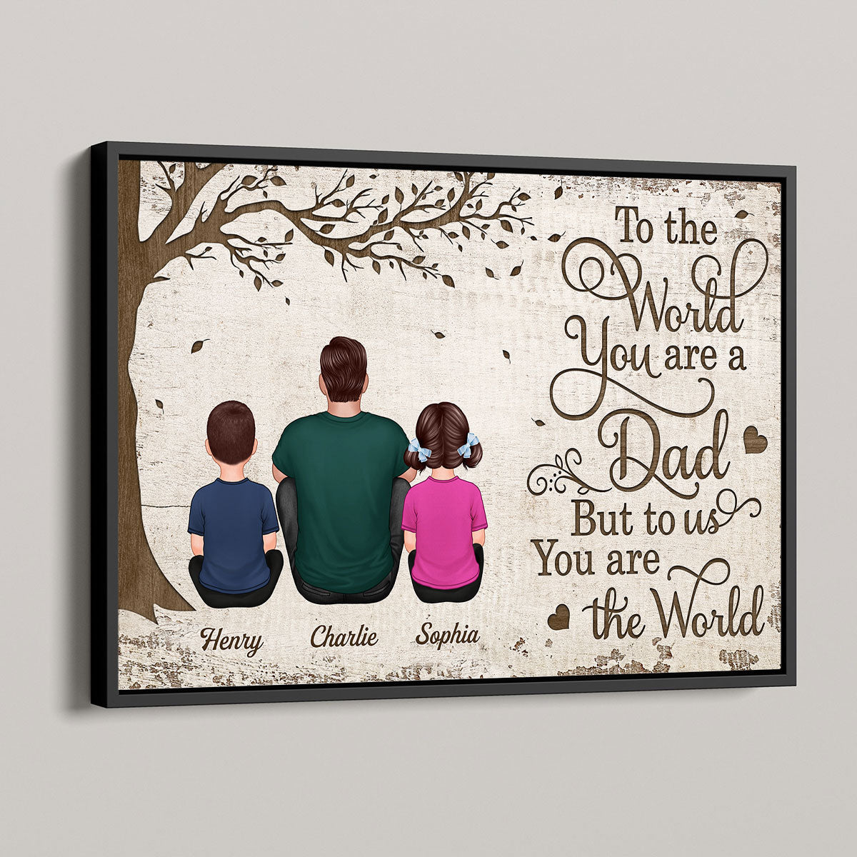 Back View Dad And Kids Dogs Cats Sitting - Personalized Poster - Gift For Dad, Husband