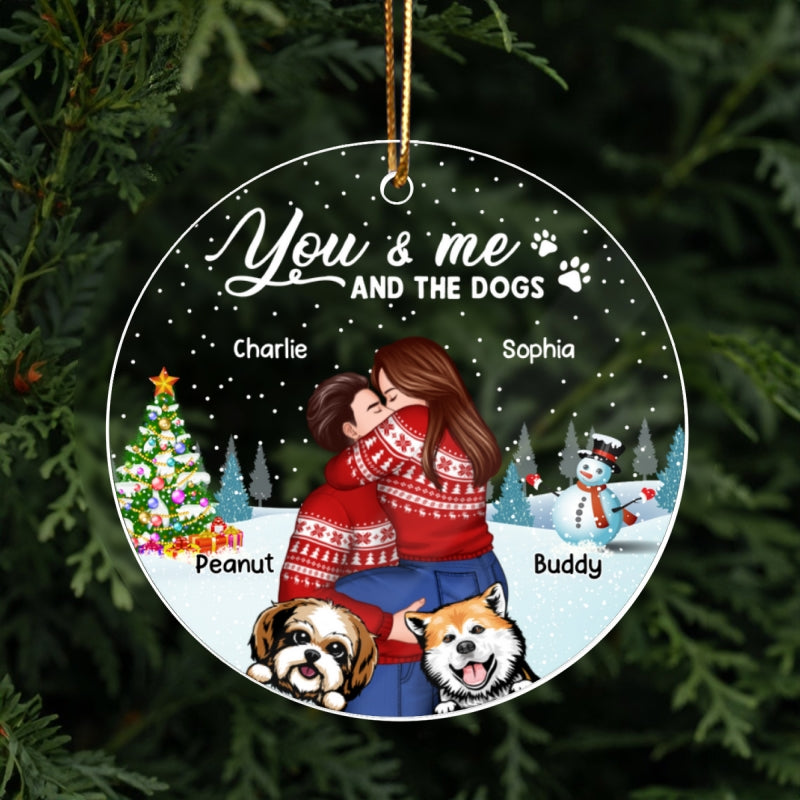 Couple And The Dogs In Winter Night Personalized Acrylic Ornament, Christmas Gift For Him, For Her, Gift For Pet Lovers