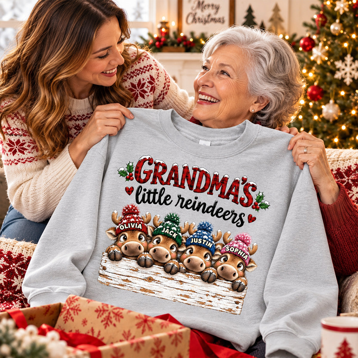 Grandma's Cute Peeking Reindeers - Personalized Shirt - Trendy Christmas Tee for Grandma, Thoughtful Christmas Gift for Mom, Wife