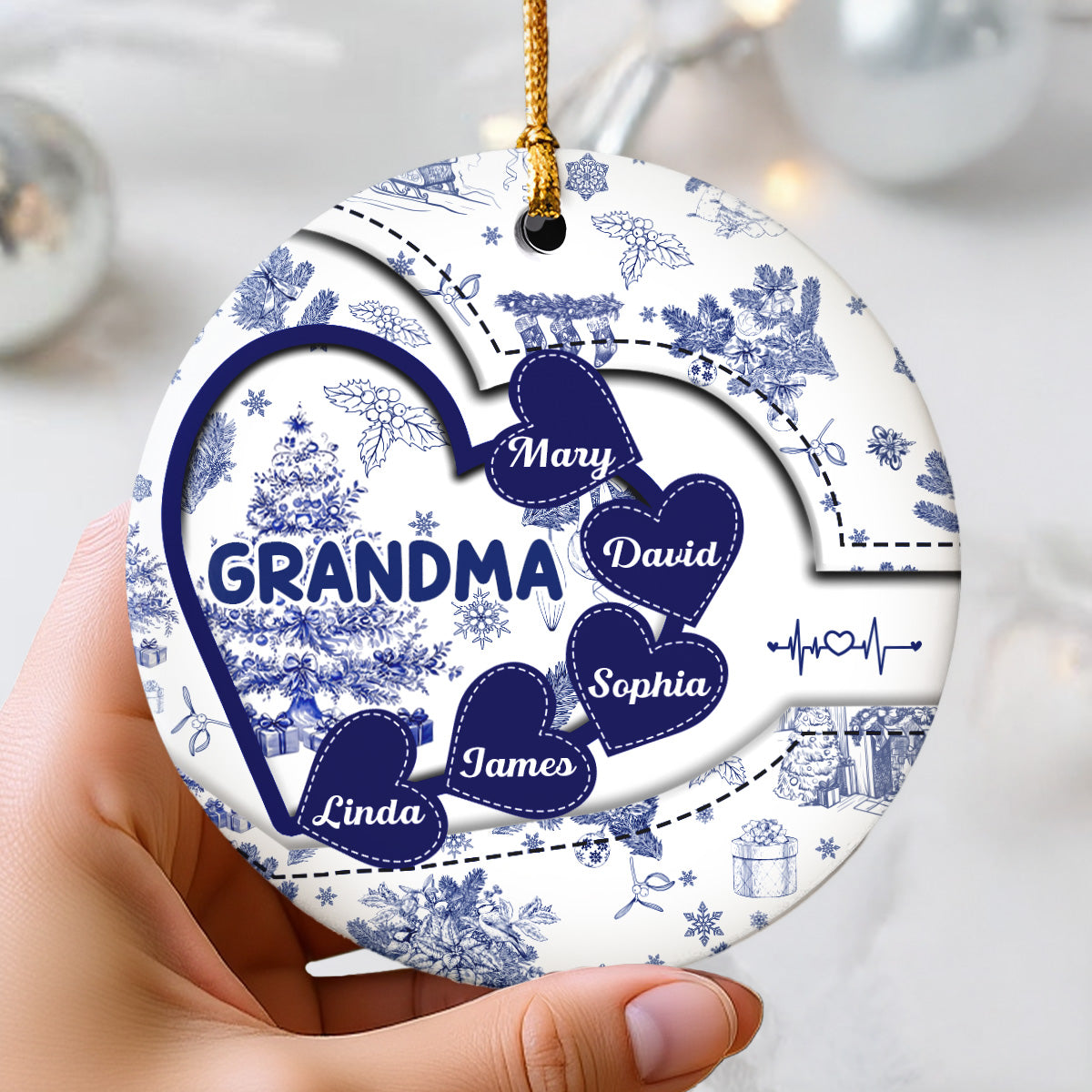 Grandma With Hearts Grandkids' Names Toile De Jouy Style Personalized Circle Ornament