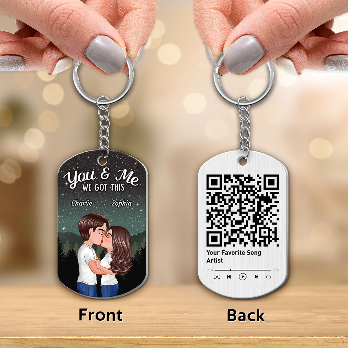 Couple Kissing Under Stars Sky Forest Favorite Song QR Code Personalized Metal Keychain