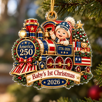 Baby On Train Baby's First Christmas 2D Flat - Personalized Acrylic Ornament - 250th America 1776 - 2026 Anniversary, Patriotic Christmas Decor, Gifts for New Parents