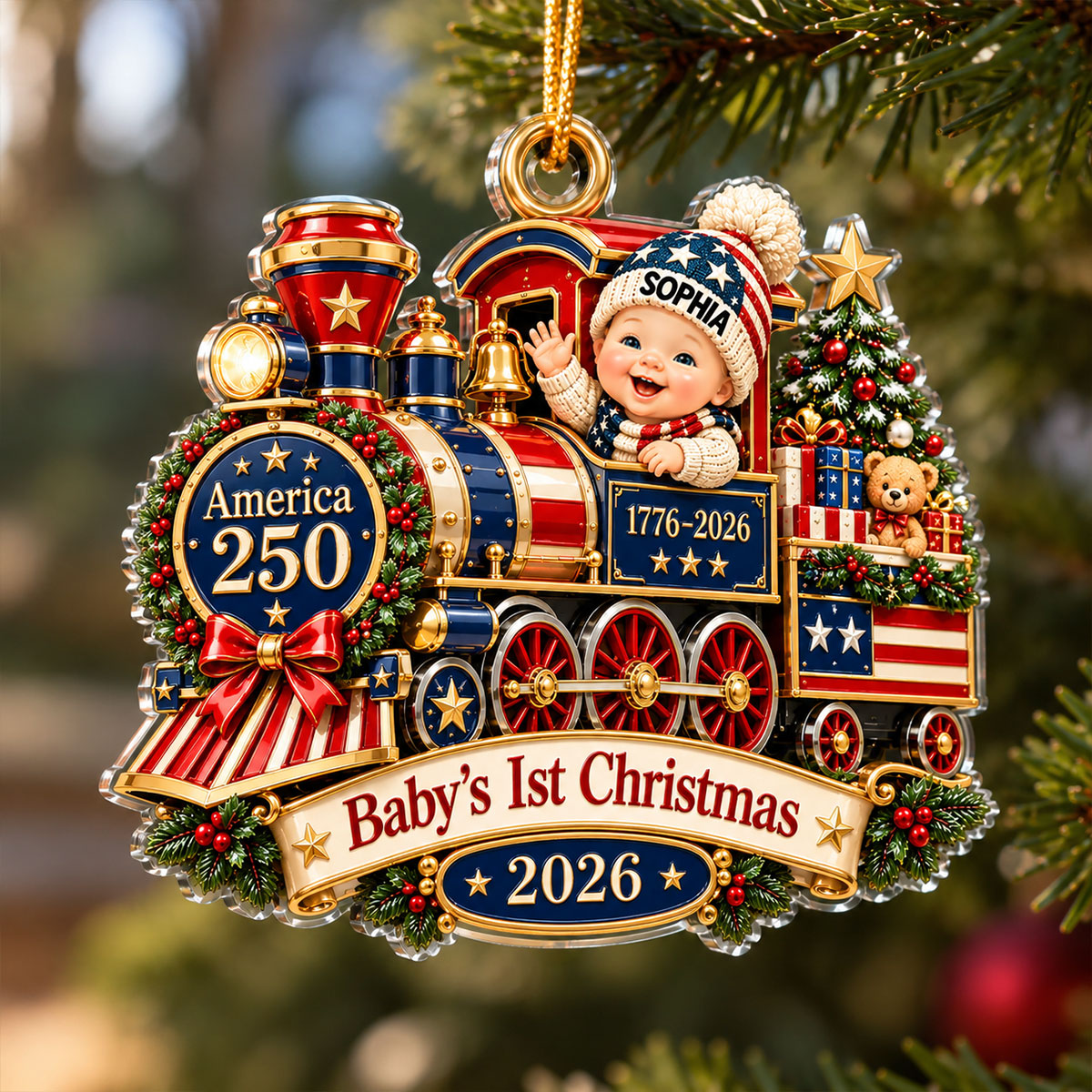 Baby On Train Baby's First Christmas 2D Flat - Personalized Acrylic Ornament - 250th America 1776 - 2026 Anniversary, Patriotic Christmas Decor, Gifts for New Parents