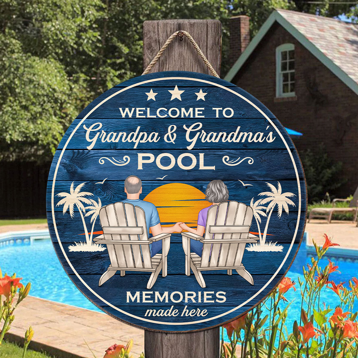 Welcome To Grandpa Grandma Grandparents Pool Summer Retro Vintage Personalized Wood Sign
