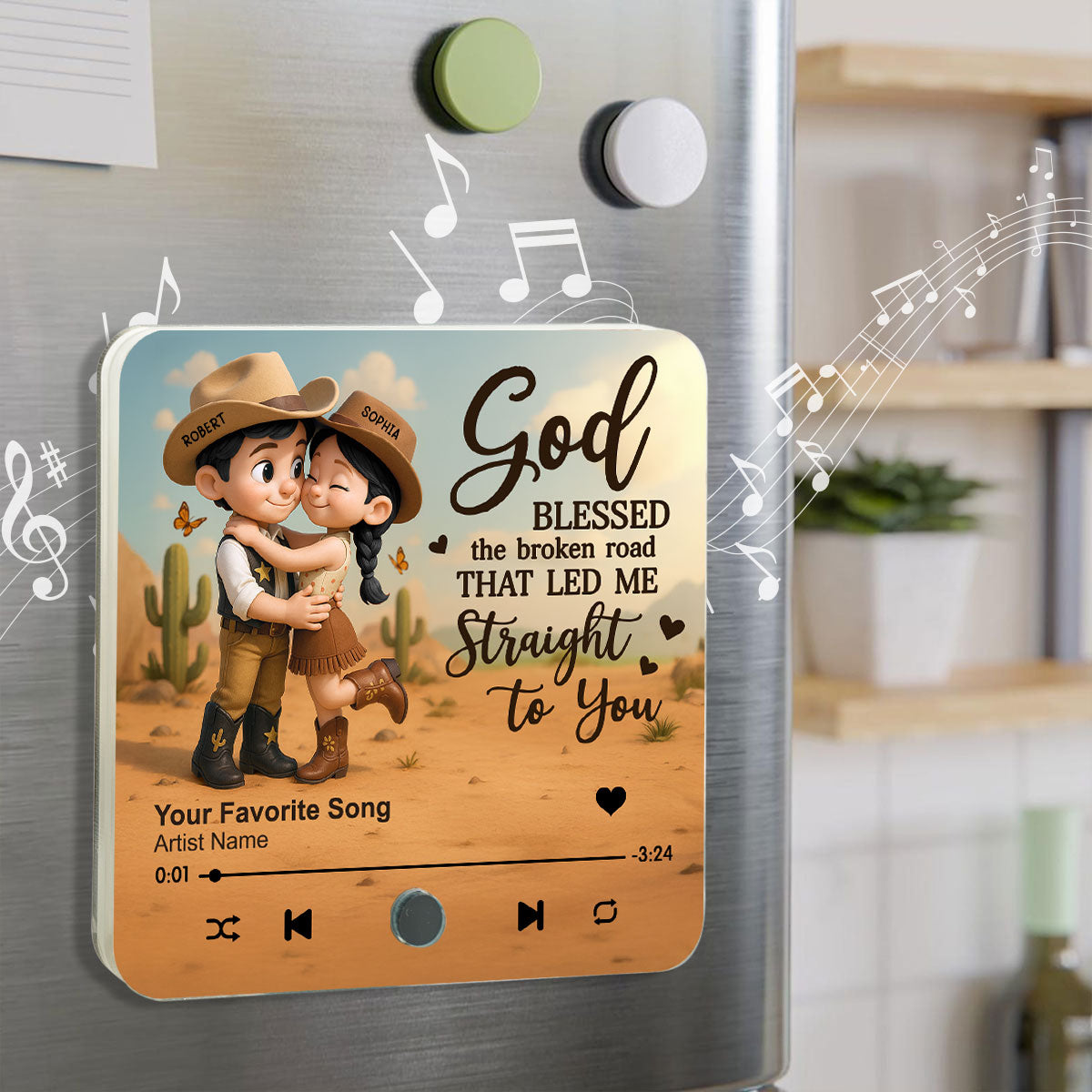 Favorite Place Is Next To You Cartoon Style Countryside Couple Cowboy Cowgirl Personalized Music Fridge Magnet