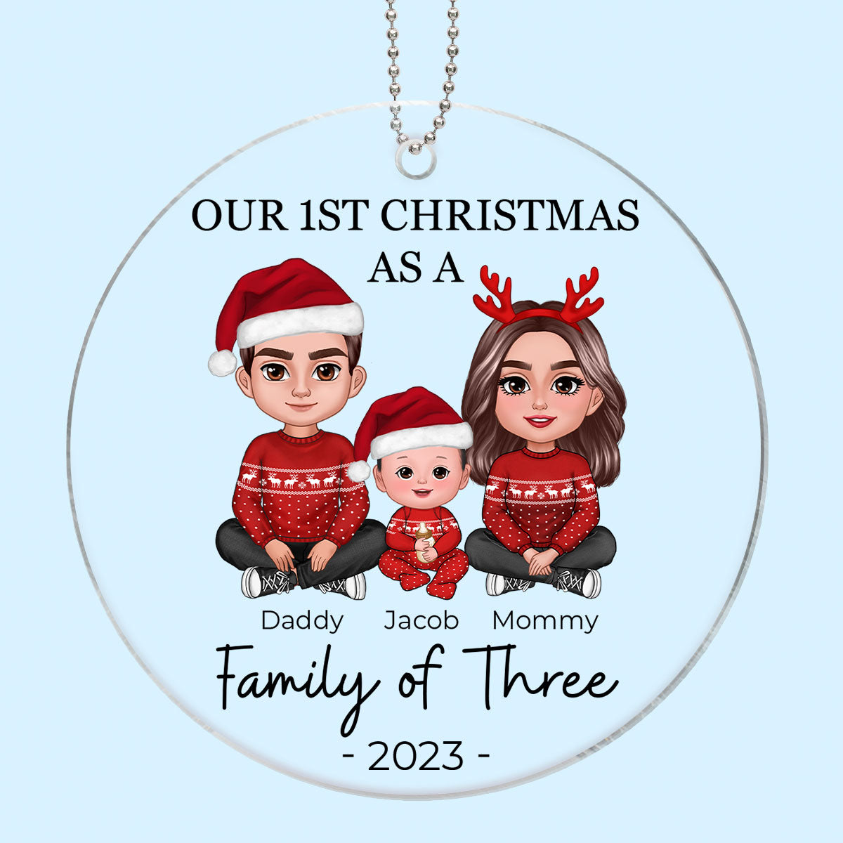 First Christmas As Family Of Three Crossed Legs Personalized Acrylic Ornament