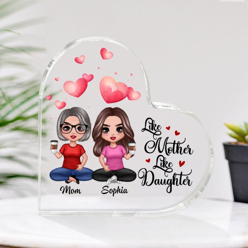 Watercolor Hearts Doll Mom And Daughters Sitting Personalized Heart Acrylic Plaque