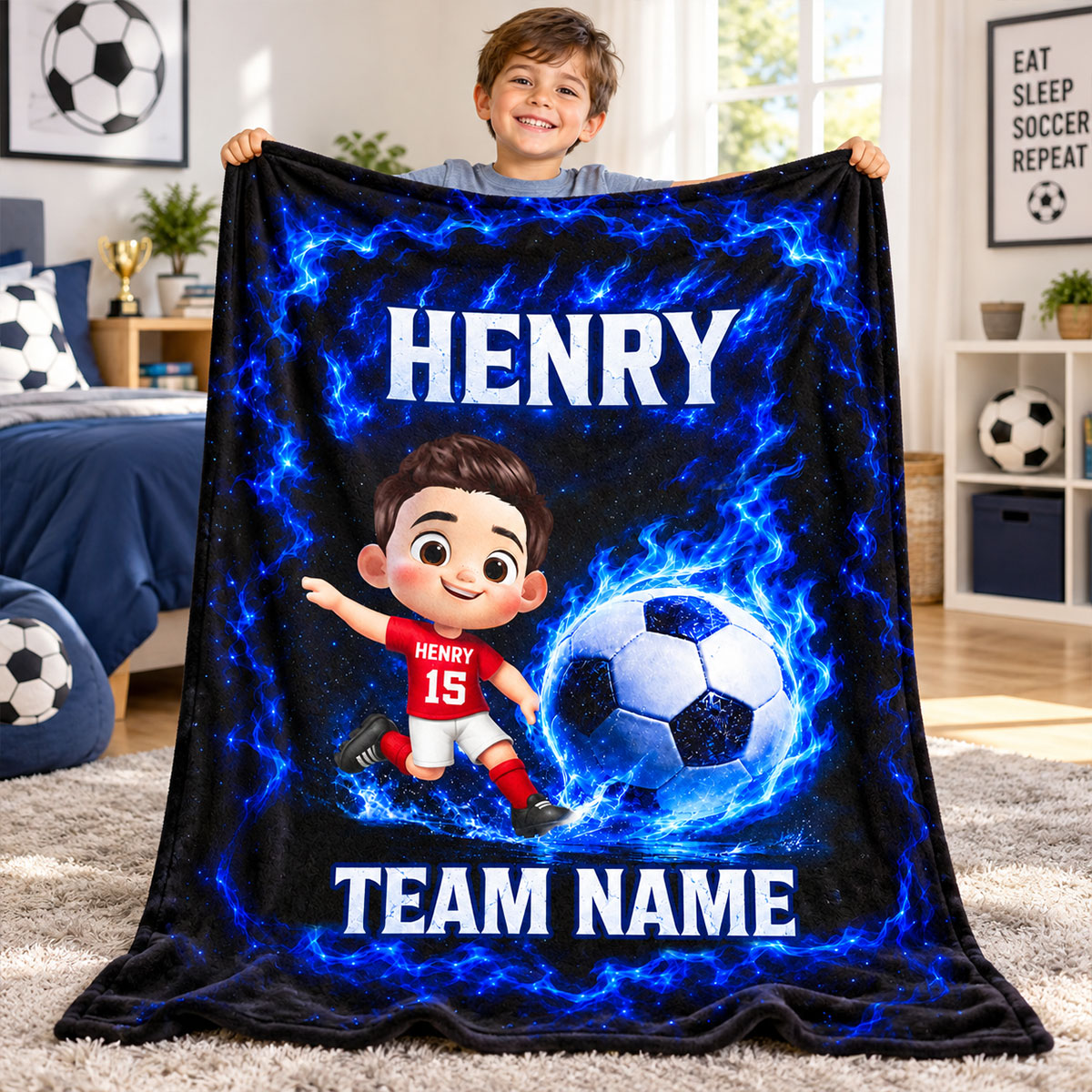 Cute Kid Soccer Player Custom Name And Team Name - Personalized Fleece Blanket - Christmas Gift For American Football Players, Grandson, Son, Daughter, Granddaughter