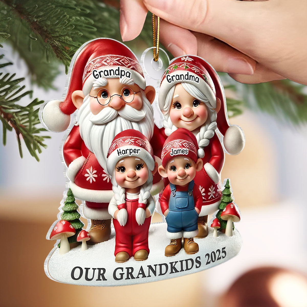 3D Effect Gnome Grandma Grandpa And Grandkids - Personalized Acrylic Ornament - Heartfelt Gift For Grandparents, Grandkids