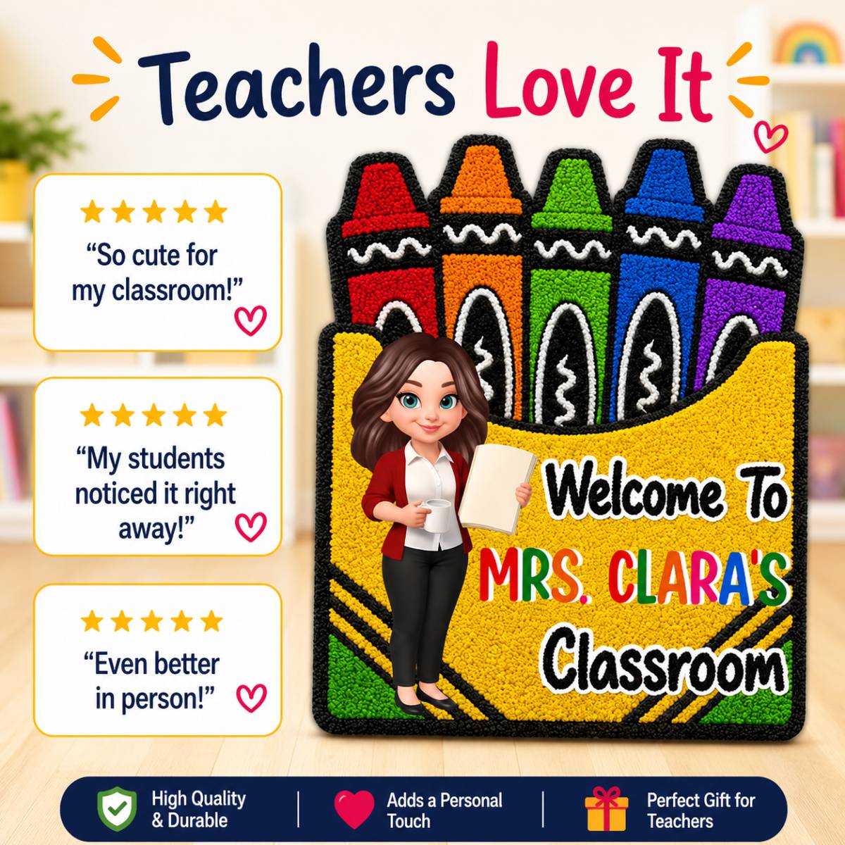 Teacher Welcome To Classroom Crayon Box Faux Yarn Pattern - Personalized Doormat - Back To School Gift For Teacher, Classroom Decor