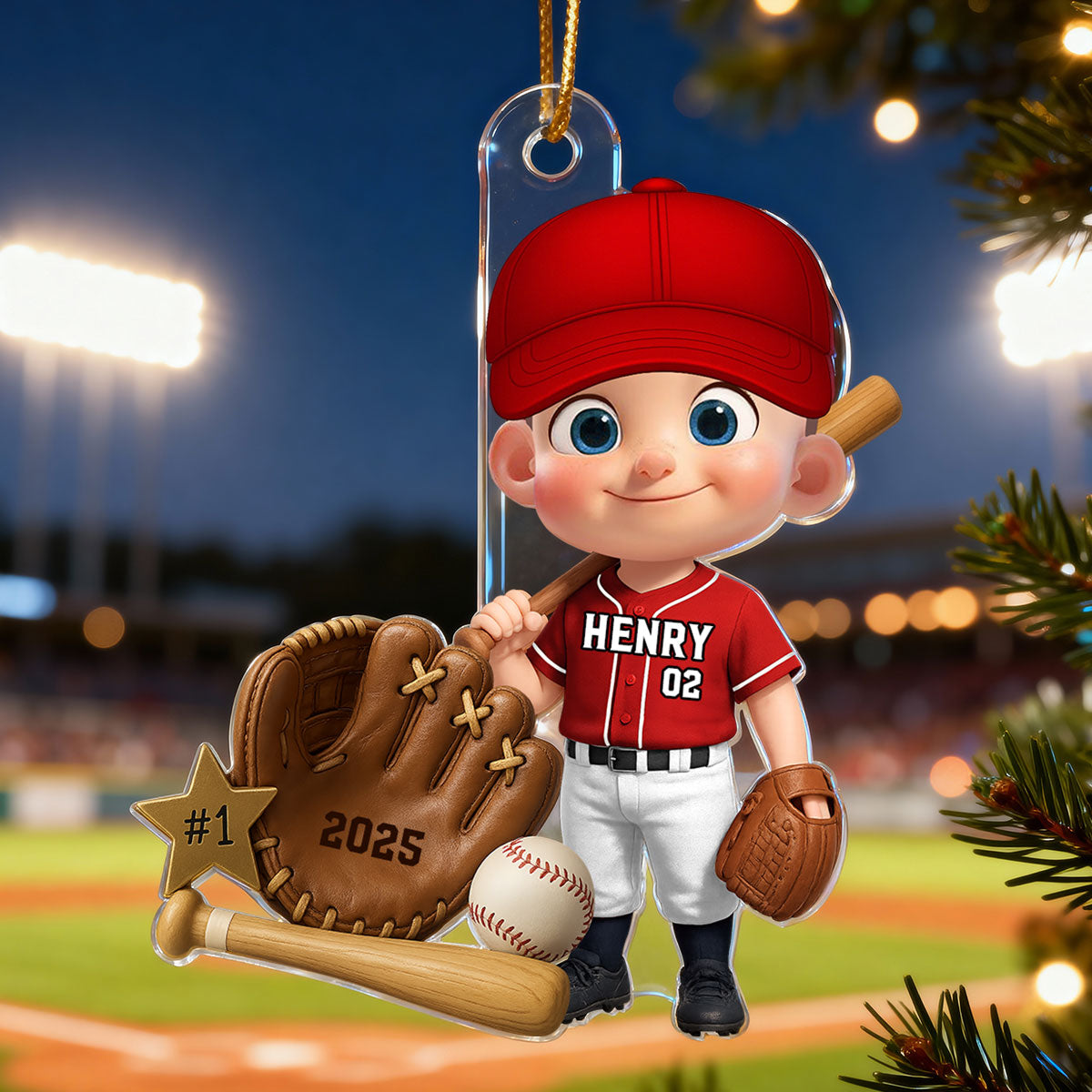 Baseball Player With Baseball Mitt Bat Ball - Personalized Acrylic Ornament - Gift For Kids, Grandkids