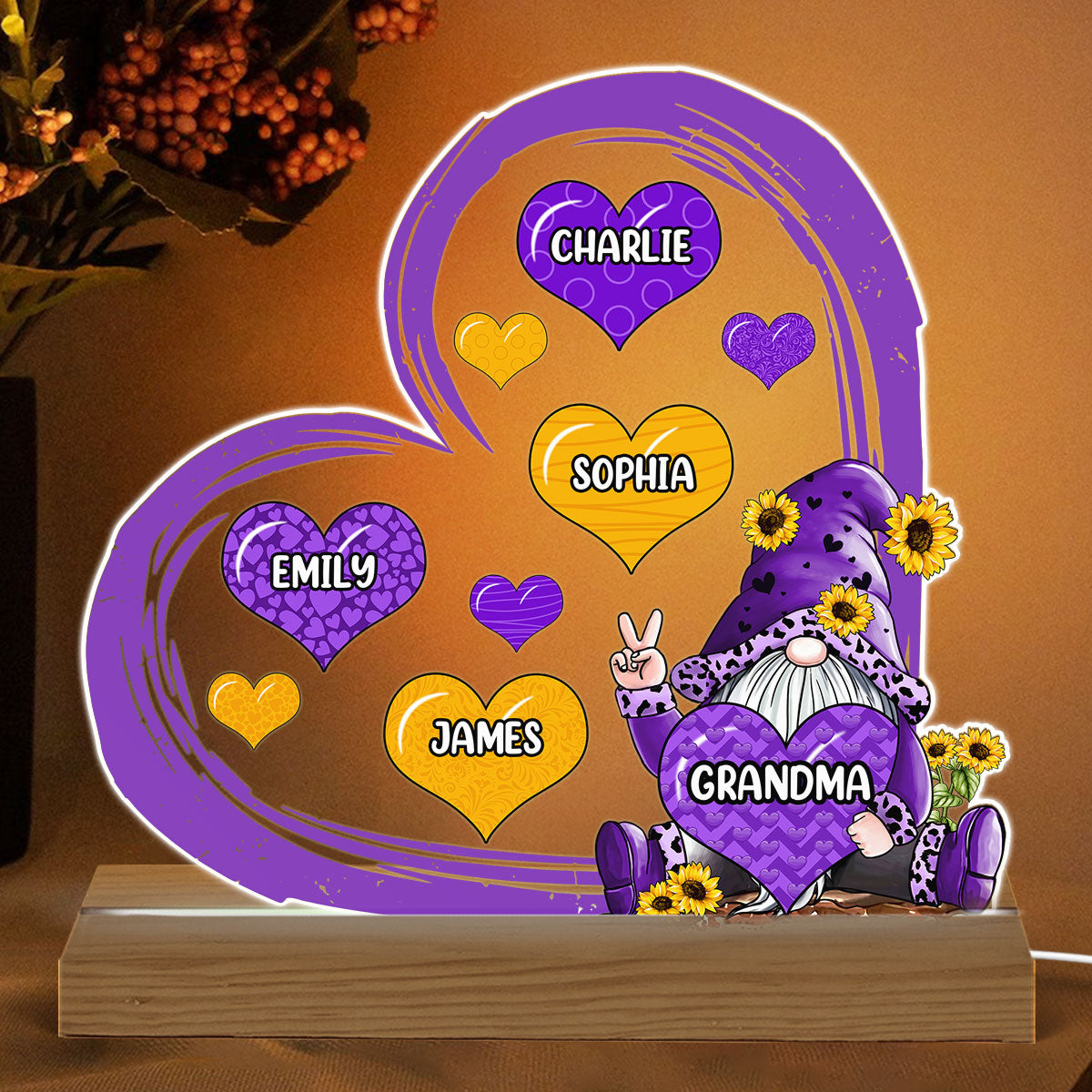 Grandma Mom Purple Gnome Butterflies Personalized Acrylic Custom Shape LED Night Light