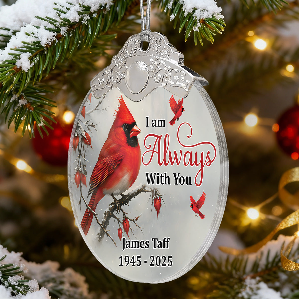 Winter Cardinal Always With You Christmas Memorial - Personalized Glass Ornament With Silver Cap