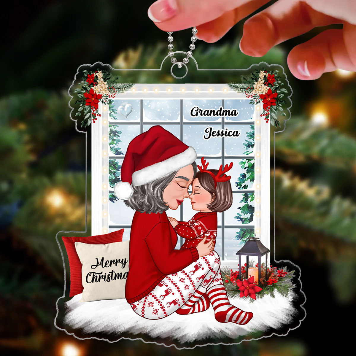 Grandma Holding Kid Side View Sitting By Christms Window Personalized Acrylic Ornament