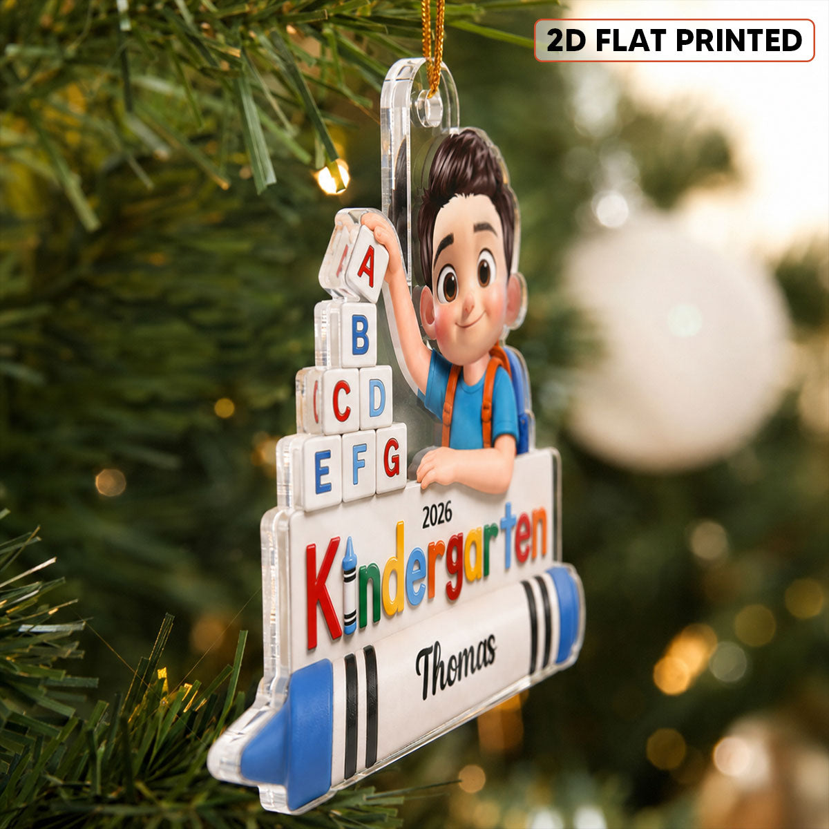 First Day of Kindergarten Boy Girl 2D Flat - Personalized Christmas Ornament - Back to School Keepsake for Kids
