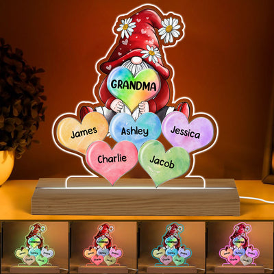 Grandma Mom Gnome Loves Colorful Sweethearts Personalized Custom Shaped Acrylic Plaque With LED Night Light
