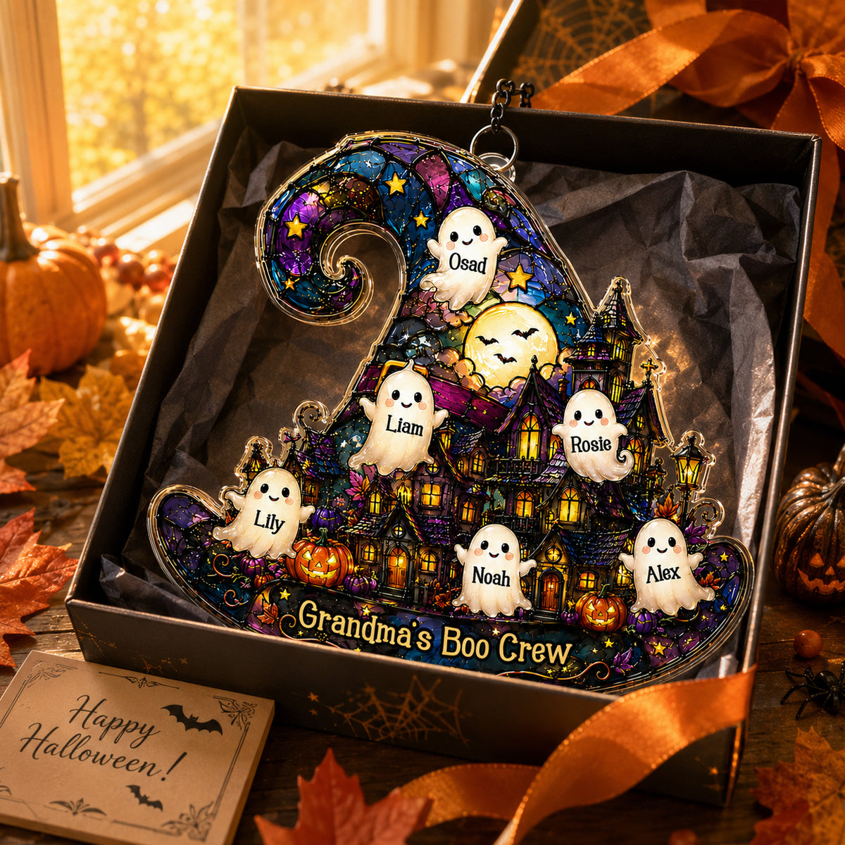 Halloween Village Witch Hat Grandma - Personalized Suncatcher - Halloween Decor Gift, Gift For Grandma
