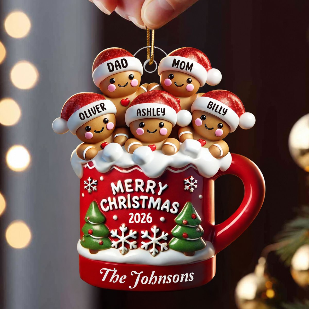Gingerbread Family In Hot Cocoa Christmas Decor - Personalized Acrylic Ornament