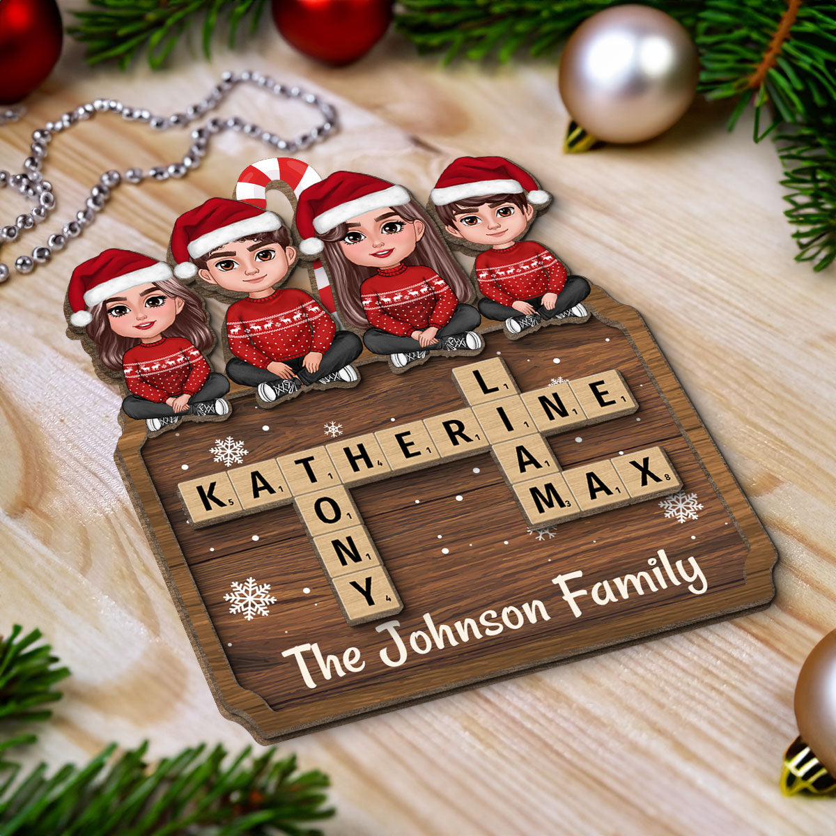 Animated Family Sitting On Crossword Puzzle Board Personalized 2-Layer Wooden Ornament