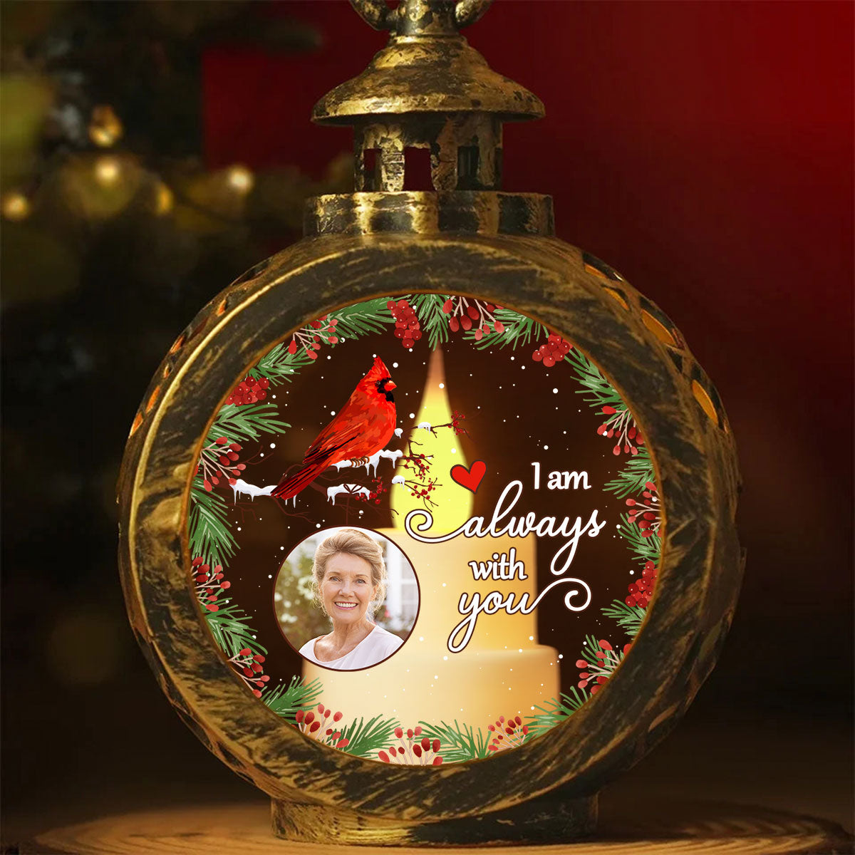 Always With You Holly Branch Cardinal Memorial Photo Upload Personalized Lantern Ornament, Remembrance Gift