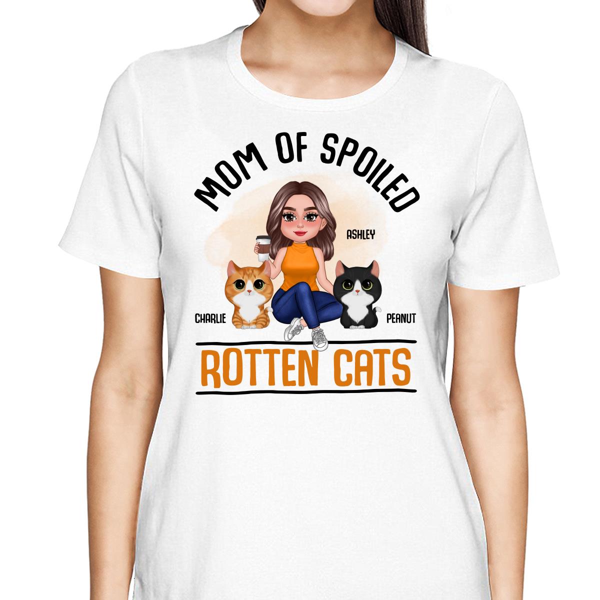 Mom Of Spoiled Rotten Cats Watercolor Cute Cat & Pretty Woman Personalized Shirt