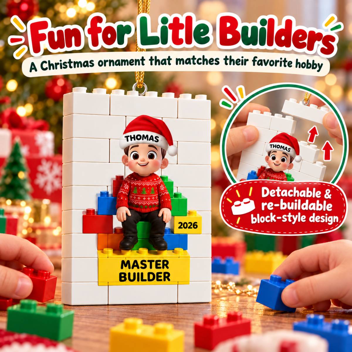 Little Kid Master Builder - Personalized Building Blocks Ornament - Christmas Gift For Kids, Son, Grandson, Daughter, Granddaughter