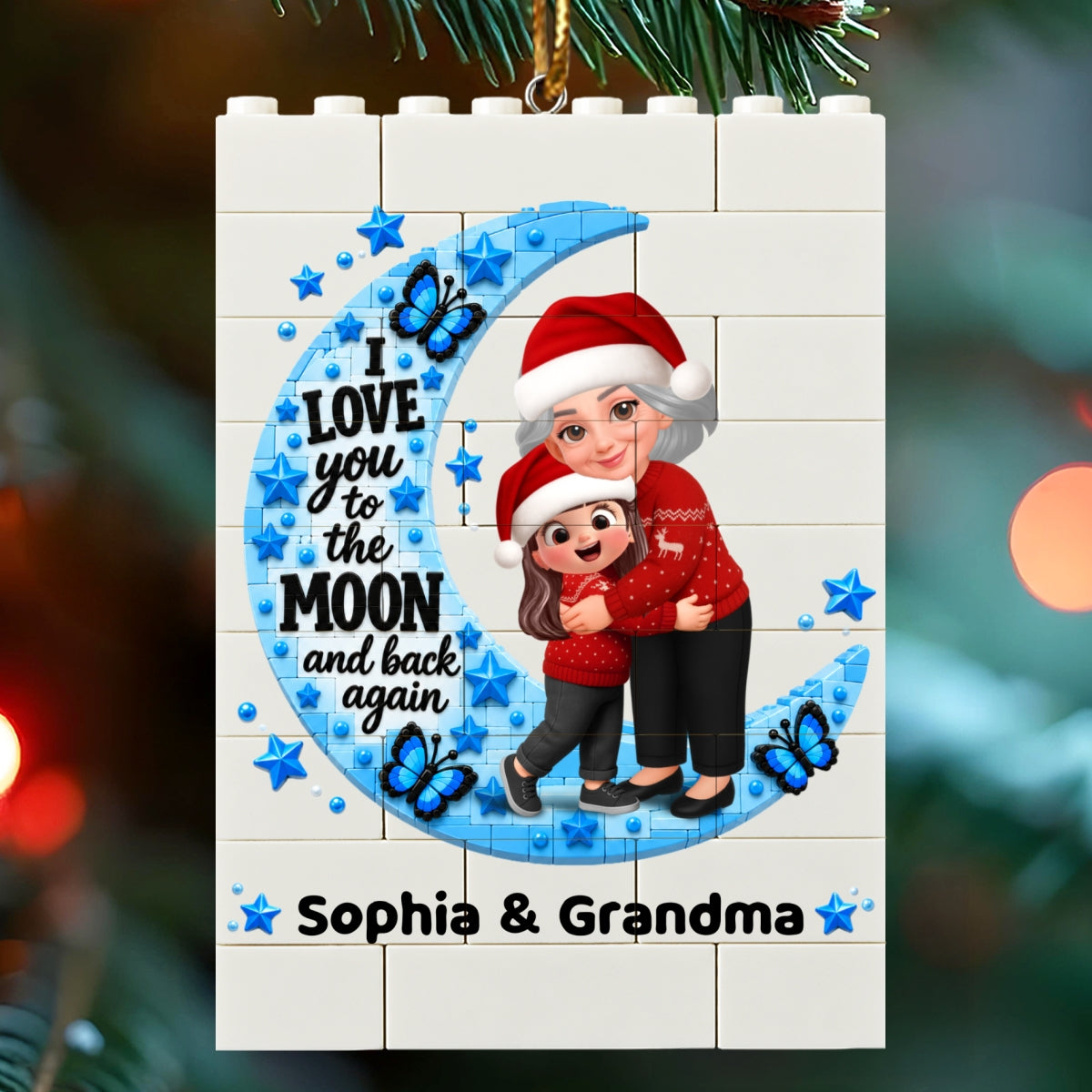Heartwarming Grandma Hugging Grandkid Love You To The Moon And Back - Personalized Building Blocks Ornament - Christmas Gift For Kids, Son, Grandson, Daughter, Granddaughter
