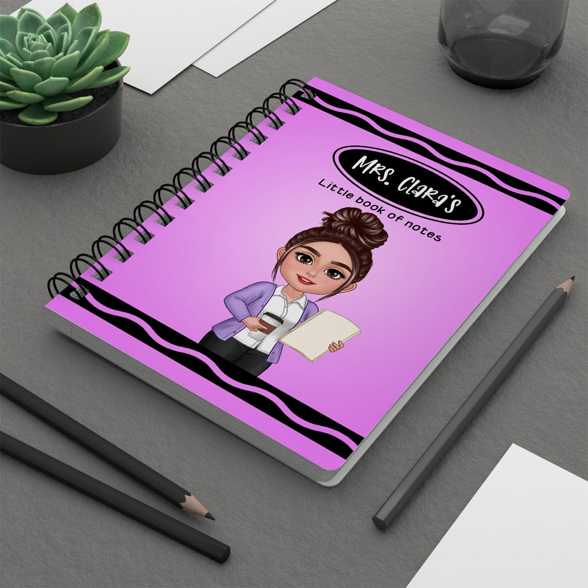 Crayon Themed Teacher Name Personalized Spiral Notebook Journal, Back To School Stationery