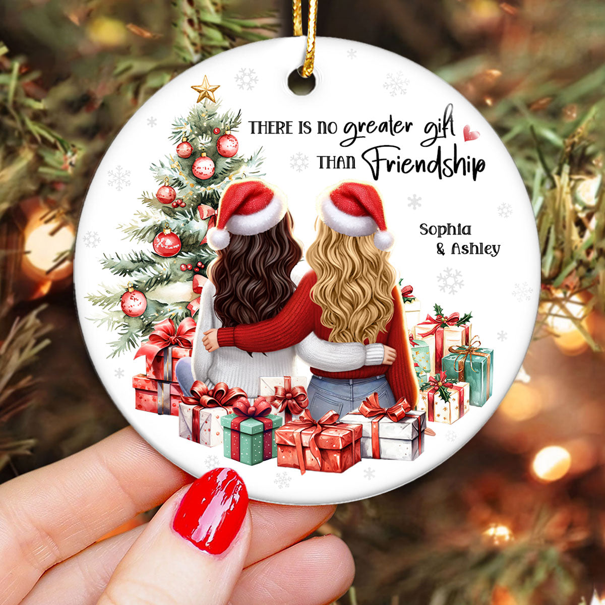Personalized Christmas Ornament – Besties Sisters by the Tree with Festive Gifts and Holiday Cheer