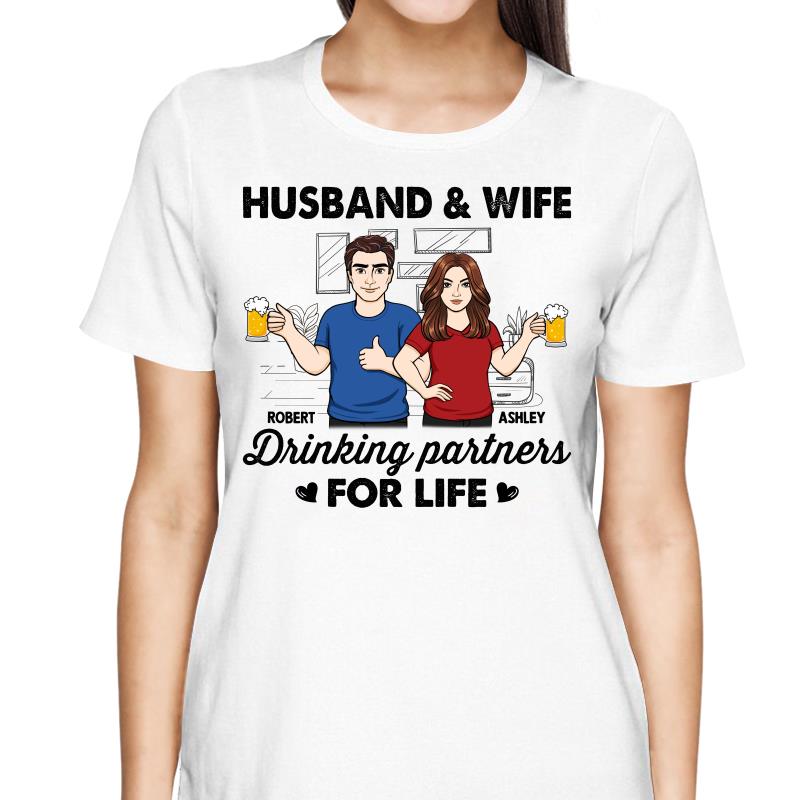 Husband & Wife Drinking Partners For Life Sketch Personalized Shirt