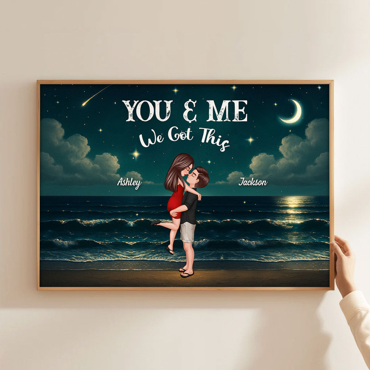 Night Beach Landscape Couple Hugging Kissing Personalized Poster, Unique & Meaningful Wall Art For Your Home