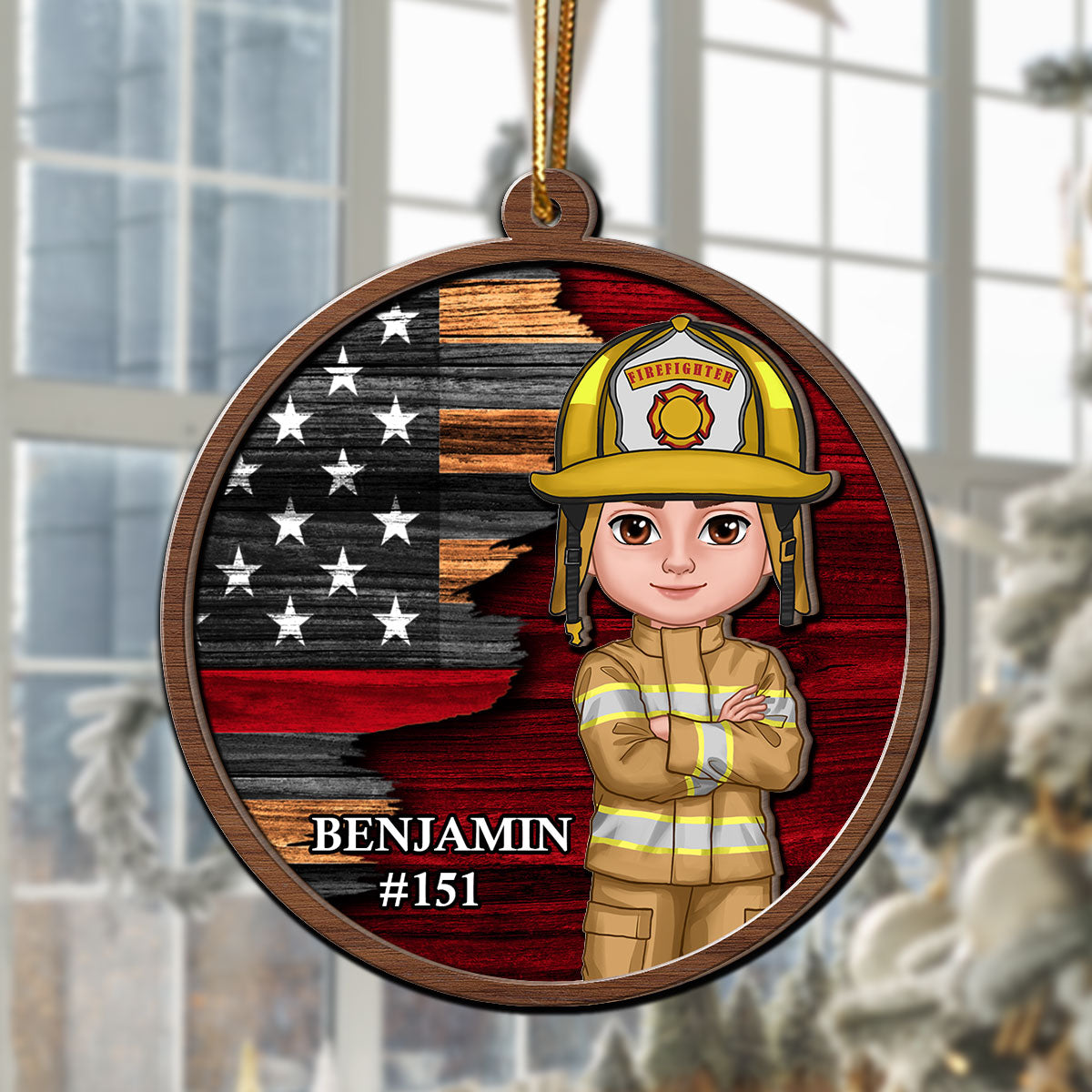 Half Flag Police Firefighter Nurse Personalized 2-Layer Wooden Ornament